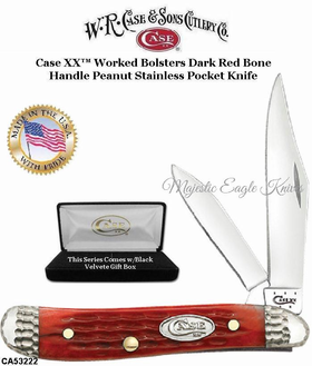 WR Case & Son's Cutlery CA53222 Case XX™ Worked Bolsters Dark Red Bone Handle Peanut Stainless Pocket Knife WR Case & Son's Cutlery CA53222 Case XX™ Worked Bolsters Dark Red Bone Handle Peanut Stainless Pocket Knife