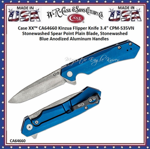 WR Case & Sons Cutlery CA64660 Case XX� Kinzua Flipper Knife 3.4" CPM-S35VN Stonewashed Spear Point Plain Blade, Stonewashed Blue Anodized Aluminum Handles  