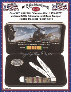 WR Case & Sons Cutlery CA22040 CaseXX Vietnam War Embellished Natural Bone Handle wColor Wash Clip Spey Blades Trapper Knife Gift Set