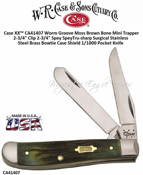 WR Case & Sons Cutlery CA41407 Case XX� Worm Groove Moss Brown Mini Trapper 2 3/4" Clip blade and 2 3/4" Spey blades Tru-sharp Surgical Stainless Steel, Brass Bowtie Shield, 1/1000 Pocket Knife