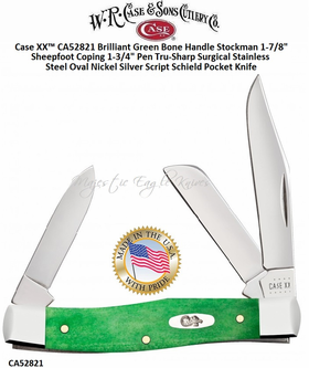 WR Case & Sons Cutlery CA52821 Case XX� Brilliant Green Bone Handle Stockman 1 7/8" Sheepfoot Coping 1 3/4" Pen Tru-Sharp Surgical Stainless Steel Oval Nickel Silver Script Shield Pocket Knife 