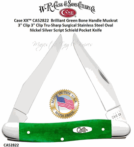 WR Case & Sons Cutlery CA52822 Case XX� Brilliant Green Bone Handle Muskrat 3" Clip 3" Clip Tru-Sharp Surgical Stainless Steel Oval Nickel Silver Script Shield Pocket Knife