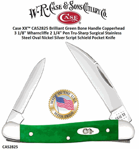 WR Case & Sons Cutlery CA52825 Case XX™ Brilliant Green Bone Handle Copperhead 3 1/8" Wharncliffe 2 1/4" Pen Tru-Sharp Surgical Stainless Steel Oval Nickel Silver Script Shield Pocket Knife WR Case & Sons Cutlery CA52825 Case XX™ Brilliant Green Bone Handle Copperhead 3 1/8" Wharncliffe 2 1/4" Pen Tru-Sharp Surgical Stainless Steel Oval Nickel Silver Script Shield Pocket Knife