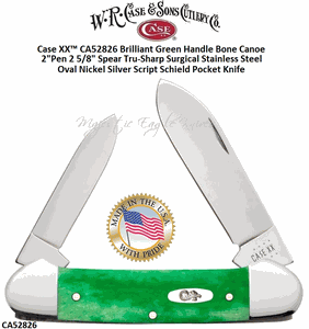 WR Case & Sons Cutlery CA52826 Case XX™ Brilliant Green Handle Bone Canoe 2" Pen 2 5/8" Spear Tru-Sharp Surgical Stainless Steel Oval Nickel Silver Script Shield Pocket Knife WR Case & Sons Cutlery CA52826 Case XX™ Brilliant Green Handle Bone Canoe 2" Pen 2 5/8" Spear Tru-Sharp Surgical Stainless Steel Oval Nickel Silver Script Shield Pocket Knife