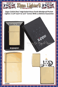 Zippo Windproof Lighter Z1654 Zippo Slim� High Polished Brass Finish Windproof Pocket Lighter 2-1/4"x1/2"x1-1/2" Comes With a Lifetime Guarantee  