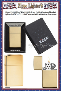 Zippo Windproof Lighter Z1654 Zippo Slim® High Polished Brass Finish Windproof Pocket Lighter 2-1/4"x1/2"x1-1/2" Comes With a Lifetime Guarantee Zippo Windproof Lighter Z1654 Zippo Slim® High Polished Brass Finish Windproof Pocket Lighter 2-1/4"x1/2"x1-1/2" Comes With a Lifetime Guarantee