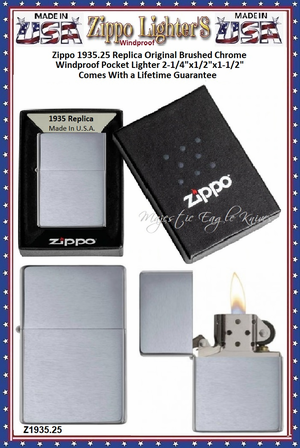 Zippo Windproof Lighter Z1935.25 Zippo Replica Original Brushed Chrome Windproof Pocket Lighter 2-1/4"x1/2"x1-1/2" Comes With a Lifetime Guarantee     