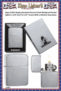 Zippo Windproof Lighter Z1941 Zippo Original Replica 1941_Brushed Chrome Windproof Pocket Lighter 2-1/4"x1/2"x1-1/2" Comes With a Lifetime Guarantee