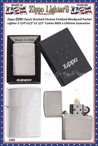 Zippo Windproof Lighter Z200 Zippo Classic Brushed Chrome Finished Windproof Pocket Lighter 2-1/4"x1/2"x1-1/2" Comes With a Lifetime Guarantee