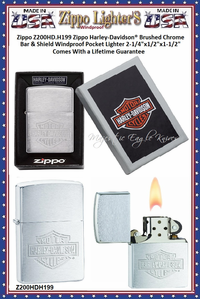 Zippo Windproof Lighter Z200HD.H199 Zippo Harley-Davidson� Brushed Chrome Bar & Shield Windproof Pocket Lighter 2-1/4"x1/2"x1-1/2" Comes With a Lifetime Guarantee 
