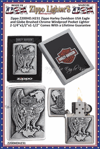 Zippo Windproof Lighter Z200HD.H231 Zippo Harley Davidson USA Eagle & Globe Brushed Chrome Windproof Pocket Lighter 2-1/4"x1/2"x1-1/2" Comes With a Lifetime Guarantee  