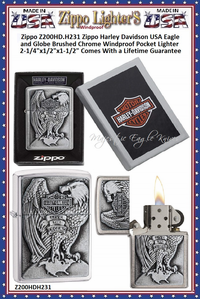Zippo Windproof Lighter Z200HD.H231 Zippo Harley Davidson USA Eagle & Globe Brushed Chrome Windproof Pocket Lighter 2-1/4"x1/2"x1-1/2" Comes With a Lifetime Guarantee  