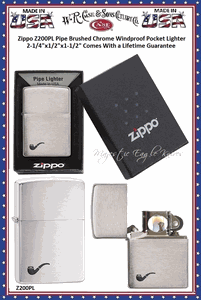 Zippo Windproof Lighter Z200PL Zippo Pipe Brushed Chrome Windproof Pocket Lighter 2-1/4"x1/2"x1-1/2" Comes With a Lifetime Guarantee 