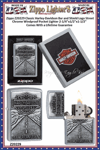Zippo Windproof Lighter Z20229 Zippo Classic Zippo Harley-Davidson Bar and Shield Logo Street Chrome Windproof Pocket Lighter 2-1/4"x1/2"x1-1/2" Comes With a Lifetime Guarantee