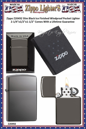 Zippo Windproof Lighter Z20492 Zippo Slim Black Ice Finished Windproof Pocket Lighter 2-1/4"x1/2"x1-1/2" Comes With a Lifetime Guarantee   