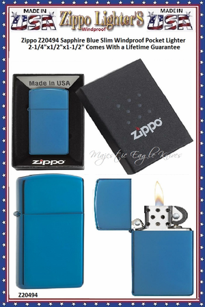 Zippo Windproof Lighter Z20494 Zippo Sapphire Blue Slim Windproof Pocket Lighter 2-1/4"x1/2"x1-1/2" Comes With a Lifetime Guarantee       