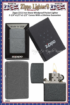 Zippo Windproof Lighter Z211 Zippo Iron Stone Windproof Pocket Lighter 2-1/4"x1/2"x1-1/2" Comes With a Lifetime Guarantee   