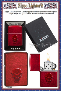 Zippo Windproof Lighter Z21186 Zippo Candy Apple Red Doom Design Windproof Pocket Lighter 2-1/4"x1/2"x1-1/2" Comes With a Lifetime Guarantee Zippo Windproof Lighter Z21186 Zippo Candy Apple Red Doom Design Windproof Pocket Lighter 2-1/4"x1/2"x1-1/2" Comes With a Lifetime Guarantee