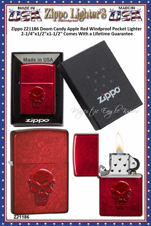 Zippo Windproof Lighter Z21186 Zippo Candy Apple Red Doom Design Windproof Pocket Lighter 2-1/4"x1/2"x1-1/2" Comes With a Lifetime Guarantee    