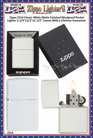 Zippo Windproof Lighter Z214 Zippo Classic White Matte Finished Windproof Pocket Lighter 2-1/4"x1/2"x1-1/2" Comes With a Lifetime Guarantee    