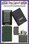 Zippo Windproof Lighter Z221 Zippo Green Matte Finish Windproof Pocket Lighter 2-1/4"x1/2"x1-1/2" Comes With a Lifetime Guarantee  