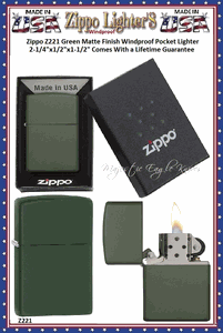 Zippo Windproof Lighter Z221 Zippo Green Matte Finish Windproof Pocket Lighter 2-1/4"x1/2"x1-1/2" Comes With a Lifetime Guarantee  