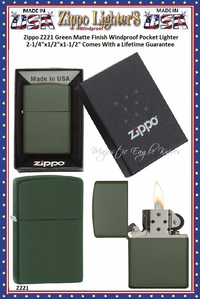 Zippo Windproof Lighter Z221 Zippo Green Matte Finish Windproof Pocket Lighter 2-1/4"x1/2"x1-1/2" Comes With a Lifetime Guarantee Zippo Windproof Lighter Z221 Zippo Green Matte Finish Windproof Pocket Lighter 2-1/4"x1/2"x1-1/2" Comes With a Lifetime Guarantee