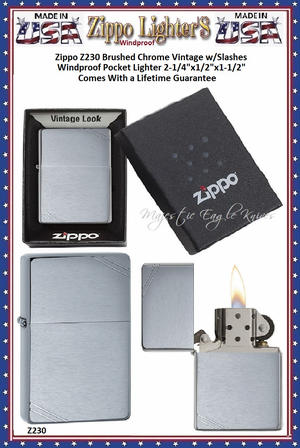 Zippo Windproof Lighter Z230 Zippo Brushed Chrome Vintage w/Slashes Windproof Pocket Lighter 2-1/4"x1/2"x1-1/2" Comes With a Lifetime Guarantee      