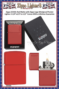 Zippo Windproof Lighter Z233ZL Zippo Red Matte with Zippo Logo Windproof Pocket Lighter 2-1/4"x1/2"x1-1/2" Comes With a Lifetime Guarantee