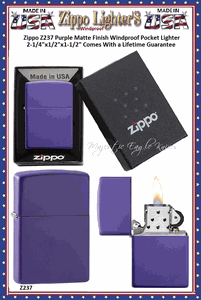 Zippo Windproof Lighter Z237 Zippo Purple Matte Finished Windproof Pocket Lighter 2-1/4"x1/2"x1-1/2" Comes With a Lifetime Guarantee  
