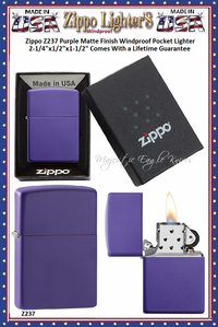 Zippo Windproof Lighter Z237 Zippo Purple Matte Finished Windproof Pocket Lighter 2-1/4"x1/2"x1-1/2" Comes With a Lifetime Guarantee Zippo Windproof Lighter Z237 Zippo Purple Matte Finished Windproof Pocket Lighter 2-1/4"x1/2"x1-1/2" Comes With a Lifetime Guarantee