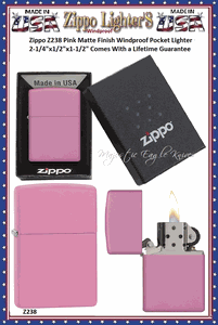 Zippo Windproof Lighter Z238 Zippo Pink Matte Finished Windproof Pocket Lighter 2-1/4"x1/2"x1-1/2" Comes With a Lifetime Guarantee    