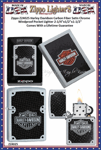 Zippo Windproof Lighter Z24025 Zippo Harley Davidson Carbon Fiber Satin Chrome Windproof Pocket Lighter 2-1/4"x1/2"x1-1/2" Comes With a Lifetime Guarantee 