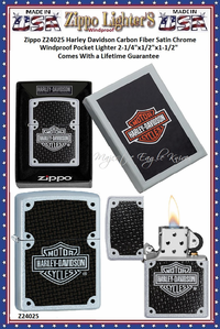 Zippo Windproof Lighter Z24025 Zippo Harley Davidson Carbon Fiber Satin Chrome Windproof Pocket Lighter 2-1/4"x1/2"x1-1/2" Comes With a Lifetime Guarantee 