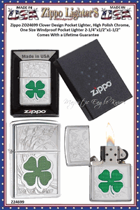 Zippo Windproof Lighter Z24699 Zippo Clover Design Pocket Lighter, High Polish Chrome, One Size Windproof Pocket Lighter 2-1/4"x1/2"x1-1/2" Comes With a Lifetime Guarantee    