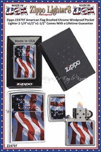 Zippo Windproof Lighter Z24797 Zippo Classic, Made in the USA Flag, Design Brushed Chrome Windproof Pocket Lighter 2-1/4"x1/2"x1-1/2" Comes With a Lifetime Guarantee   