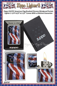 Zippo Windproof Lighter Z24797 Zippo Classic, Made in the USA Flag, Design Brushed Chrome Windproof Pocket Lighter 2-1/4"x1/2"x1-1/2" Comes With a Lifetime Guarantee Zippo Windproof Lighter Z24797 Zippo Classic, Made in the USA Flag, Design Brushed Chrome Windproof Pocket Lighter 2-1/4"x1/2"x1-1/2" Comes With a Lifetime Guarantee