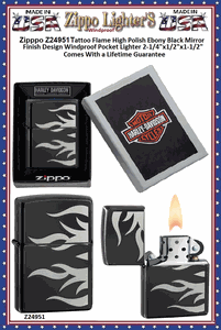 Zippo Windproof Lighter Z24951 Zippo Tattoo Flame High Polish Ebony Black Mirror Finish Design Windproof Pocket Lighter 2-1/4"x1/2"x1-1/2" Comes With a Lifetime Guarantee 