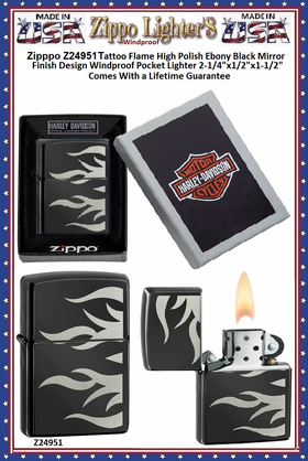 Zippo Windproof Lighter Z24951 Zippo Tattoo Flame High Polish Ebony Black Mirror Finish Design Windproof Pocket Lighter 2-1/4"x1/2"x1-1/2" Comes With a Lifetime Guarantee Zippo Windproof Lighter Z24951 Zippo Tattoo Flame High Polish Ebony Black Mirror Finish Design Windproof Pocket Lighter 2-1/4"x1/2"x1-1/2" Comes With a Lifetime Guarantee