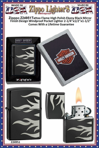 Zippo Windproof Lighter Z24951 Zippo Tattoo Flame High Polish Ebony Black Mirror Finish Design Windproof Pocket Lighter 2-1/4"x1/2"x1-1/2" Comes With a Lifetime Guarantee 