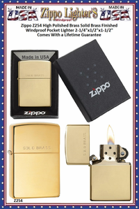 Zippo Windproof Lighter Z254 Zippo High Polished Brass Solid Brass Finished Windproof Pocket Lighter 2-1/4"x1/2"x1-1/2" Comes With a Lifetime Guarantee Zippo Windproof Lighter Z254 Zippo High Polished Brass Solid Brass Finished Windproof Pocket Lighter 2-1/4"x1/2"x1-1/2" Comes With a Lifetime Guarantee
