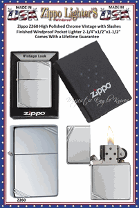 Zippo Windproof Lighter  Z260 Zippo High Polished Chrome Vintage with Slashes Finished Windproof Pocket Lighter 2-1/4"x1/2"x1-1/2" Comes With a Lifetime Guarantee 