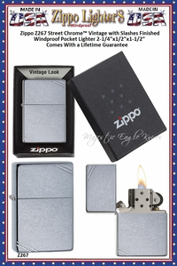 Zippo Windproof Lighter Z267 Zippo Street Chrome Vintage with Slashes Finished Windproof Pocket Lighter 2-1/4"x1/2"x1-1/2" Comes With a Lifetime Guarantee Zippo Windproof Lighter Z267 Zippo Street Chrome Vintage with Slashes Finished Windproof Pocket Lighter 2-1/4"x1/2"x1-1/2" Comes With a Lifetime Guarantee