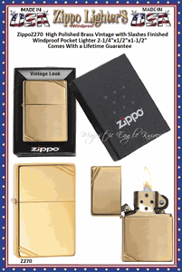 Zippo Windproof Lighter  Z270 Zippo High Polished Brass Vintage with Slashes Finished Windproof Pocket Lighter 2-1/4"x1/2"x1-1/2" Comes With a Lifetime Guarantee   
