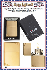 Zippo Windproof Lighter Z270 Zippo High Polished Brass Vintage with Slashes Finished Windproof Pocket Lighter 2-1/4"x1/2"x1-1/2" Comes With a Lifetime Guarantee Zippo Windproof Lighter Z270 Zippo High Polished Brass Vintage with Slashes Finished Windproof Pocket Lighter 2-1/4"x1/2"x1-1/2" Comes With a Lifetime Guarantee