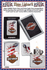Zippo Windproof Lighter Z28082 Zippo Classic Stars and Stripes Eagle Over Orange/Black Harley Davidson Bar and Shield Logo Windproof Pocket Lighter 2-1/4"x1/2"x1-1/2" Comes With a Lifetime Guarantee 