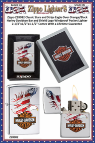 Zippo Windproof Lighter Z28082 Zippo Classic Stars and Stripes Eagle Over Orange/Black Harley Davidson Bar and Shield Logo Windproof Pocket Lighter 2-1/4"x1/2"x1-1/2" Comes With a Lifetime Guarantee Zippo Windproof Lighter Z28082 Zippo Classic Stars and Stripes Eagle Over Orange/Black Harley Davidson Bar and Shield Logo Windproof Pocket Lighter 2-1/4"x1/2"x1-1/2" Comes With a Lifetime Guarantee