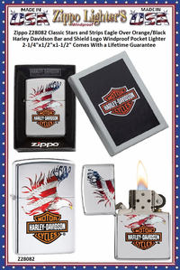 Zippo Windproof Lighter Z28082 Zippo Classic Stars and Stripes Eagle Over Orange/Black Harley Davidson Bar and Shield Logo Windproof Pocket Lighter 2-1/4"x1/2"x1-1/2" Comes With a Lifetime Guarantee 