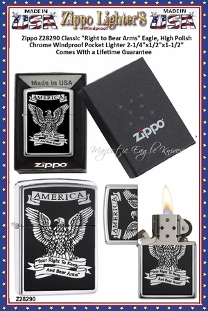 Zippo Windproof Lighter Z28290 Zippo Classic "Right to Bear Arms" Eagle, High Polish Chrome Windproof Pocket Lighter 2-1/4"x1/2"x1-1/2" Comes With a Lifetime Guarantee  
