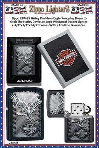 Zippo Windproof Lighter Z28485 Zippo Harley Davidson Eagle Swooping Down to Grab The Harley Davidson Logo Windproof Pocket Lighter 2-1/4"x1/2"x1-1/2" Comes With a Lifetime Guarantee 
